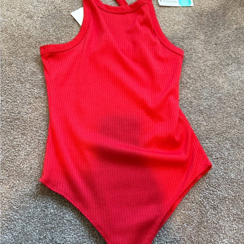 Ribbed Red Halter Neck Bodysuit